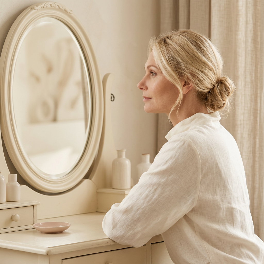 Illustrative beauty consultation portrait beside an ivory vanity mirror in soft warm light