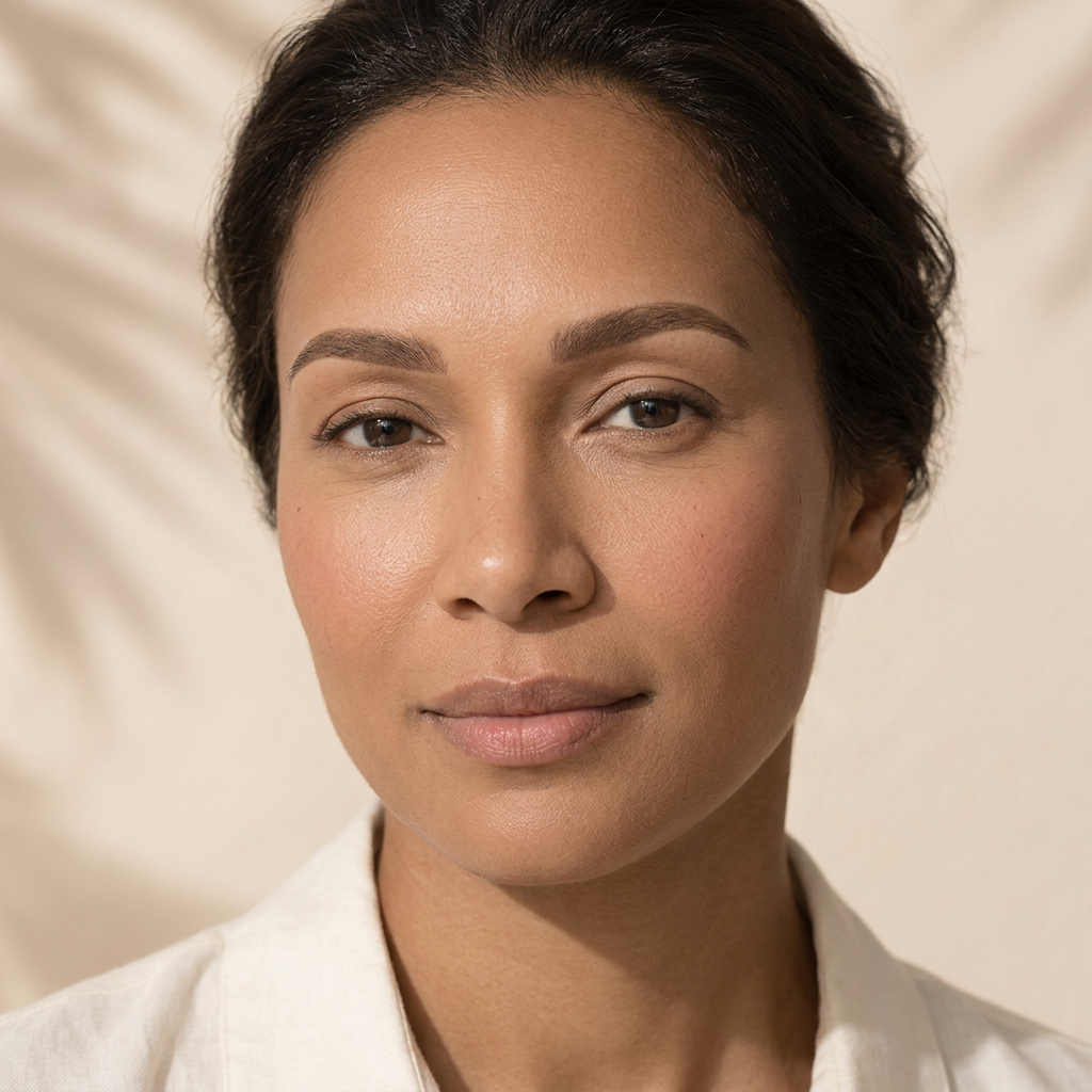 Illustrative close-up portrait highlighting softly defined powder brows