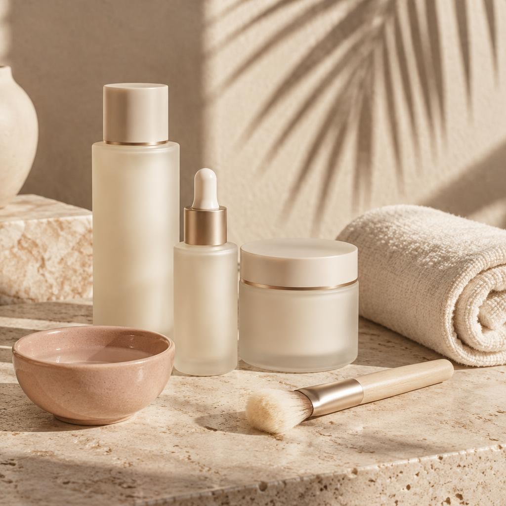 Illustrative unbranded skincare products and soft linens in a warm-toned still life