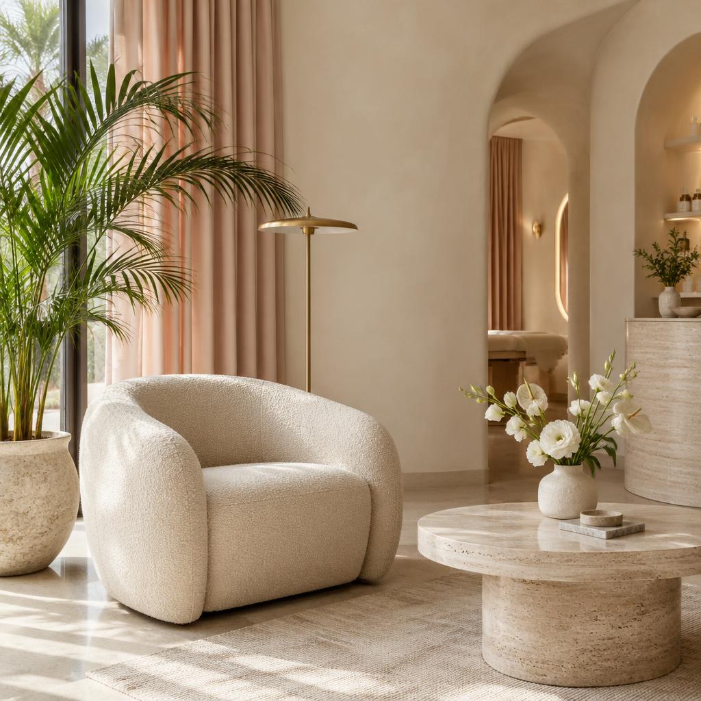 Illustrative concept studio interior with ivory seating and a palm plant